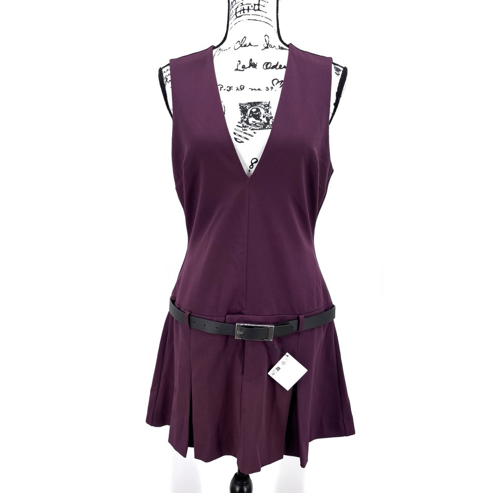 Zara Belted Box Pleat Mini Dress Size Large Burgundy Deep V Neck NWT